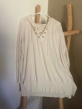 BKE Cream Lace-Up Hooded Knit Top